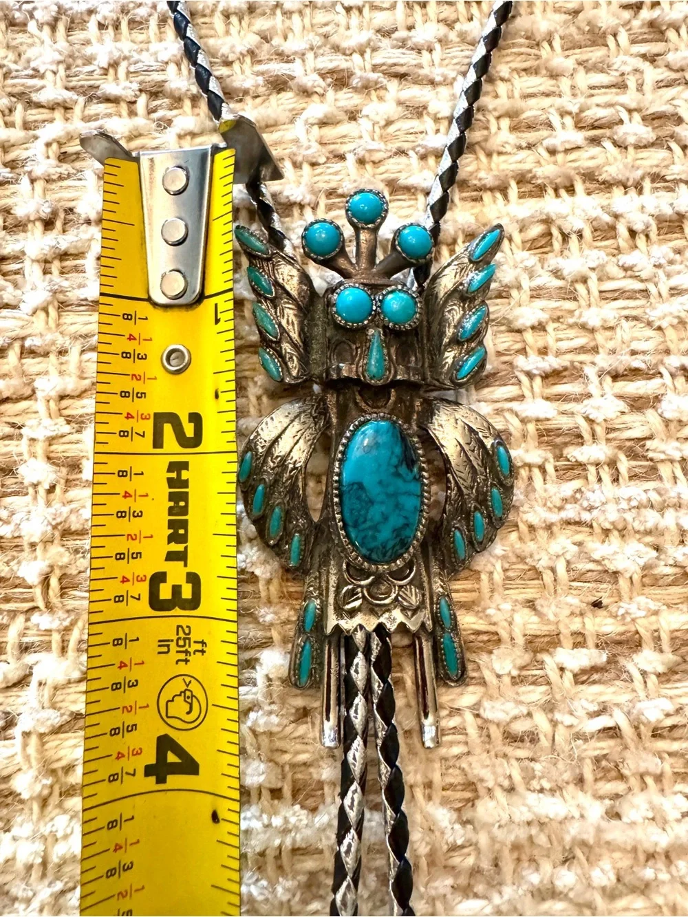 Vintage Sancrest Horned Owl Kachina Dancer Bolo Tie Faux Turquoise 1950s